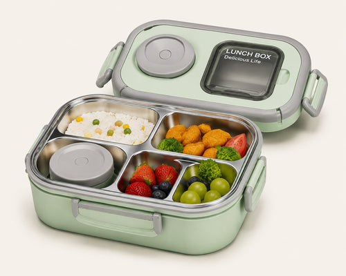 Green 4-compartment insulated bento lunch box open with food