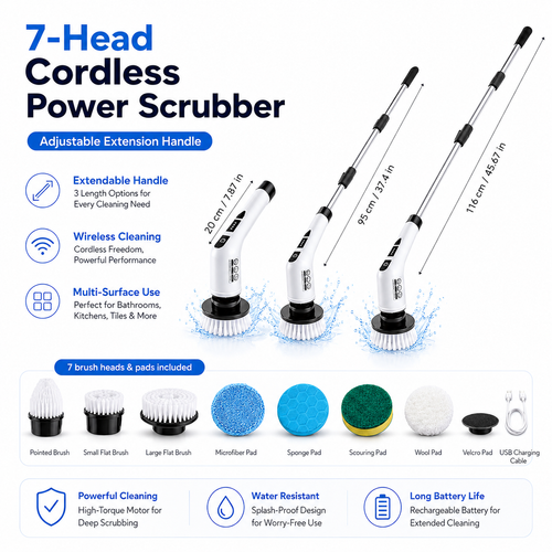 7-Head Cordless Power Scrubber extension lengths, brush heads, and cleaning features