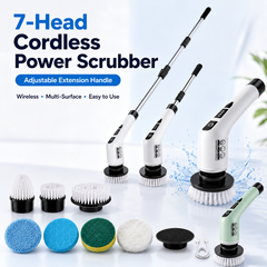 7-Head Cordless Power Scrubber with adjustable extension handle and seven cleaning attachments thumbnail