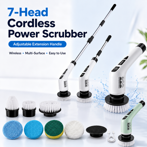 7-Head Cordless Power Scrubber with adjustable extension handle and seven cleaning attachments