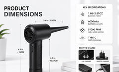 Rechargeable Turbo Air Duster dimensions and 6000mAh option specifications thumbnail
