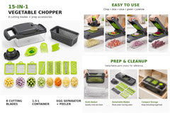 15-in-1 Vegetable Chopper and Slicer showing 8 cutting blades, 1.5L container, accessories and preparation examples thumbnail