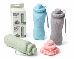 Collapsible silicone water bottles expanded and folded with packaging thumbnail