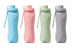 Collapsible silicone water bottle in blue, pink, green and grey thumbnail