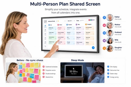 Smart digital calendar with multi-person family schedule sharing and sleep mode