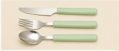 Stainless steel fork spoon and knife with green handles thumbnail