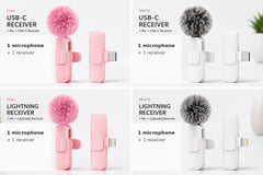 Wireless lavalier microphone variants showing Pink and White with USB-C and Lightning receivers thumbnail